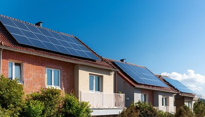 A row of houses with solar panels on the roofs under a clear blue sky, showcasing renewable energy solutions.