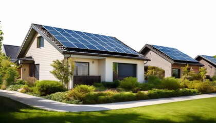 Obraz premium A modern house featuring solar panels, surrounded by lush greenery and a well-maintained lawn, showcasing eco-friendly living.