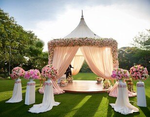 wedding arch for an outdoor wedding ceremony on a green lawn, decorated with white flowers