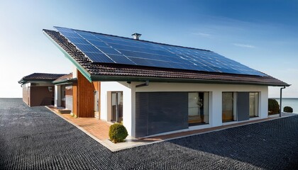 Fototapeta premium A modern house equipped with solar panels, showcasing sustainable architecture and energy efficiency in a serene environment.