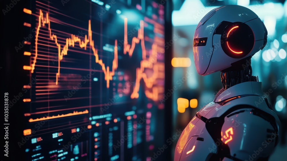 Aufkleber futuristic robot analyzing data charts in a digital environment, showcasing advanced technology and 