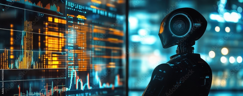 Aufkleber futuristic robot analyzing data on a digital screen, showcasing advanced technology in a modern envi