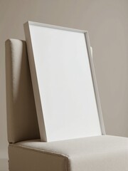 close-up vertical blank canvas mockup with modern wooden cabinet, japandi minimalist decor accents. Frame mockup