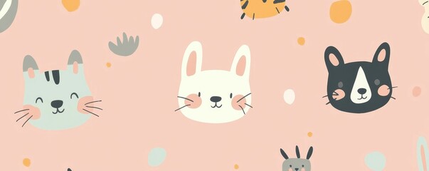 Fototapeta premium Cute animal faces on pink background.