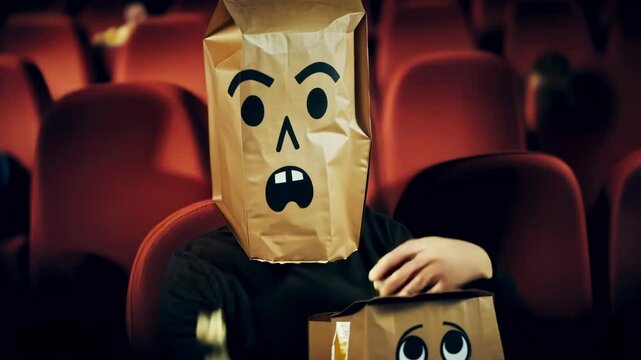 A man in a breadbag mask with a surprised face drawn, struggles to eat popcorn as kernels miss his mouth. Quirky and playful vibe in a dimly lit theater.
