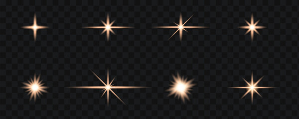 Gold star light effects. Glow isolated transparent lights, lens flares, explosion, sunrises, glitter and dust, sparks and sunburst. Abstract vector effect.
