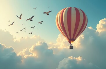 Fototapeta premium A hot air balloon floats in a cloudy sky as a large flock of birds fly below it.