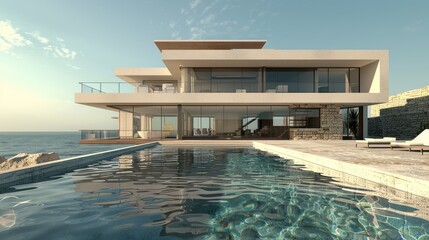 A contemporary oceanfront villa, showcasing two stories