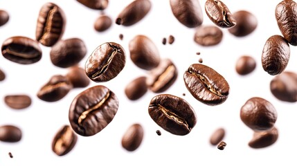 Fototapeta premium Flying coffee beans captured in motion on a white background. AI generated image
