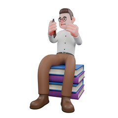 Animated Professional Sociologist.  A male sociologist is sitting on a pile of books while looking at a cellphone. Male
