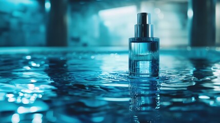 Elegant Perfume Bottle in Reflective Water Setting