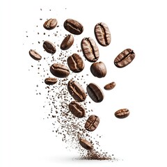 Flying coffee beans captured in motion on a white background. AI generated image