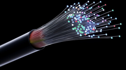 Close-up of a fiber optic cable emitting multicolored lights, symbolizing high-speed data transmission, communication technology, and modern infrastructure, on a dark background