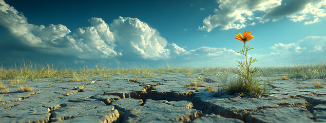 Solitary flower blooming in cracked dry soil under blue sky

