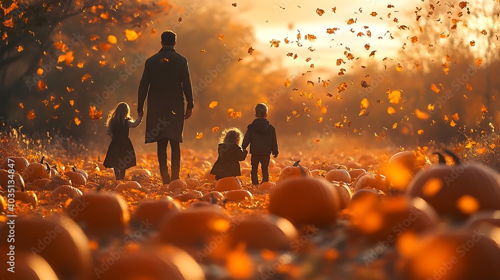 Wall mural Parents and children together in a large pumpkin patch, pumpkins spread out in all directions, soft autumn sunlight, golden leaves floating through the air, creating a joyful and heartwarming scene.