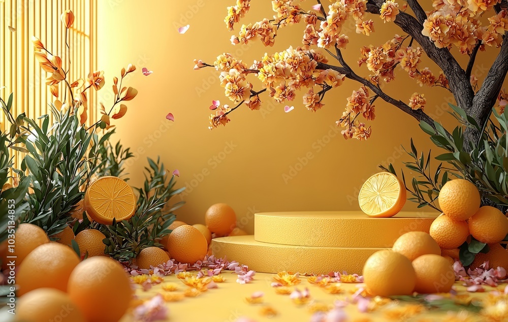 Poster Circle plinth with Chinese water wave pattern and gold border on yellow abstract background for Chinese new year