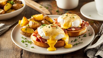 A classic eggs Benedict with poached eggs, Canadian bacon, and hollandaise sauce