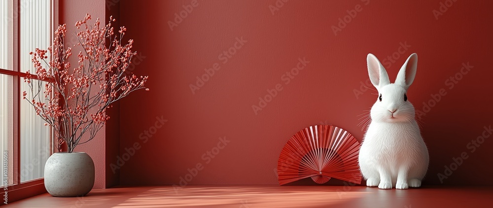 Aufkleber paper fans with a rabbit on red backgrounds. lunar new year greeting card template. new year of the 