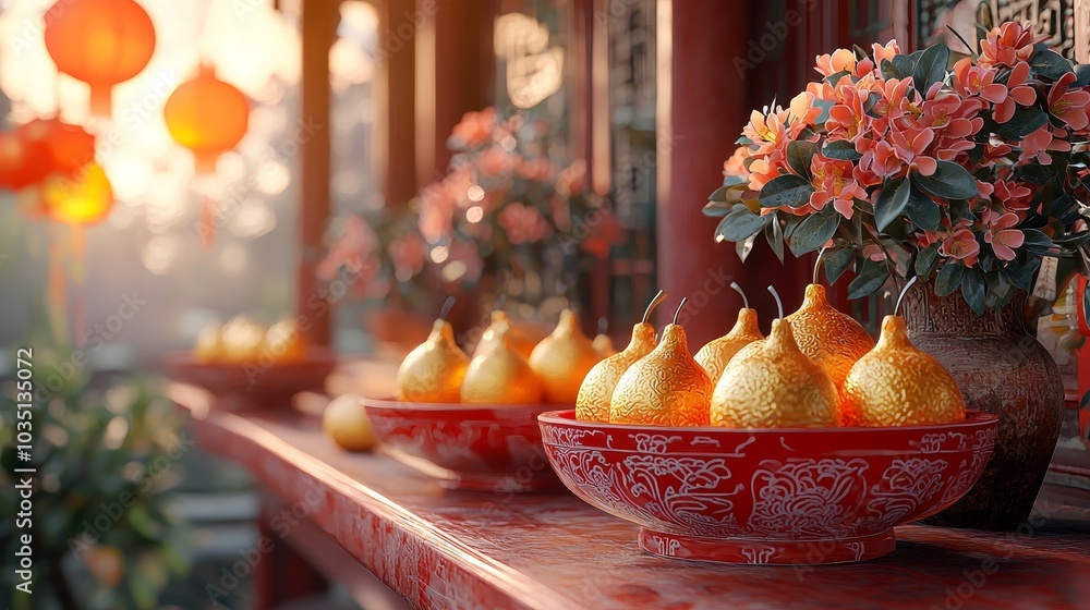 Aufkleber The Chinese New Year rabbit symbol of 2023 year for premium products display on a podium with a golden rabbit statue and Chinese lanterns on a red background. 3D simulation.