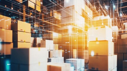 Naklejka premium Warehouse Boxes Light Beams, Stacked Boxes Industrial, Stock Items Logistic Background