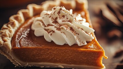 A slice of pumpkin pie topped with whipped cream and spices.