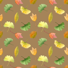 Obraz premium Ginkgo, autumn leaves seamless pattern on caramel background. High quality hand-painted detailed textured watercolor perfect for textile, wrapping paper, stationary, decor. Yellow, orange, green