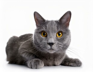 Sweet young adult solid blue British Shorthair cat kitten laying down front view, looking at camera with orange eyes and one paw hanging over edge, isolated on white background