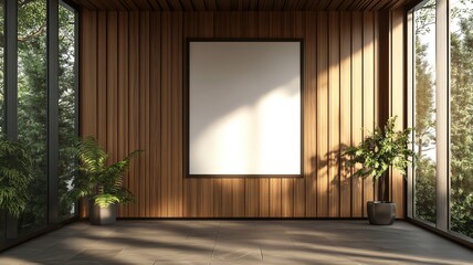 minimalist frame mockup with wooden wall and frame mockup in natural light showing frame mockup for artwork presentation, There's a blank screen. Cozy living room meeting	