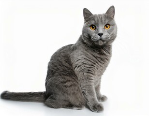 Sweet young adult solid blue British Shorthair cat kitten laying down front view, looking at camera with orange eyes and one paw hanging over edge, isolated on white background