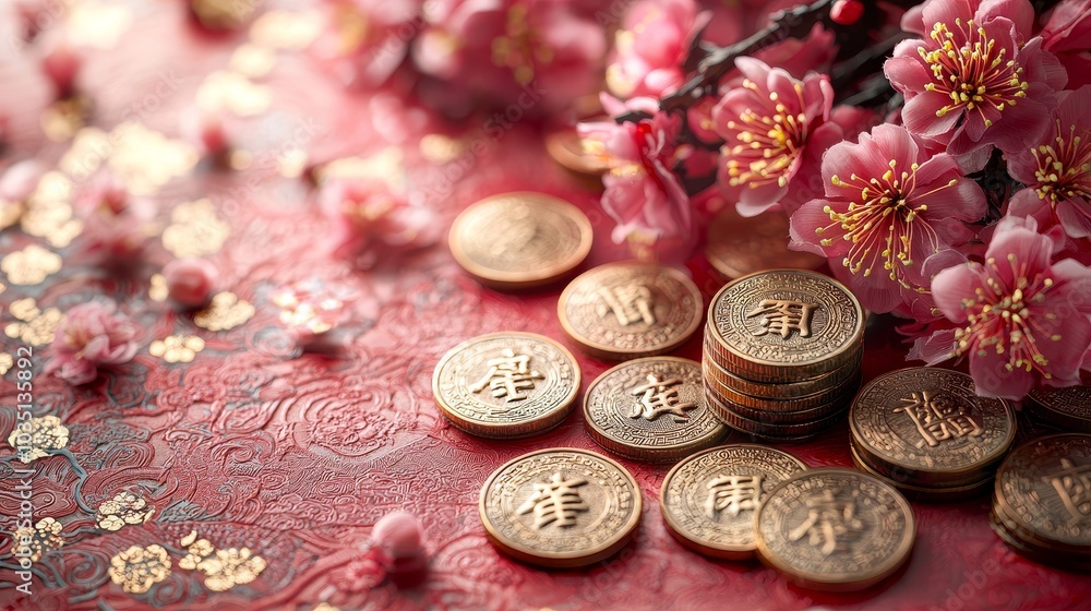 Poster an image with chinese new year theme and red colors with flowers in the background
