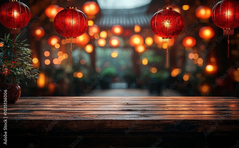Aufkleber chinese lanterns with blurred orange color hanging from the ceiling and cream wood tabletop displayi