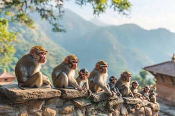 Obraz premium Monkey Family on Tree: Macaque Children Playing and Sitting Together