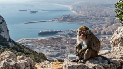 Obraz premium Monkey in Gibraltar: A Brown Barbary Macaque in the British Territory