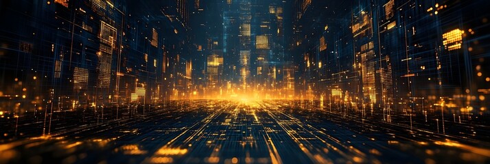Futuristic Cityscape with Digital Data Network and Glowing Lights