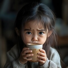 Cute Asian Girl Drinking from Cup Child Toddler Beverage Mug Warm Drink