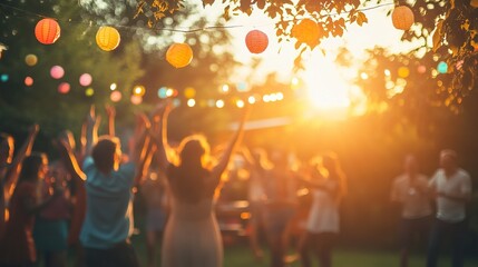 Garden Party with Colorful Lanterns at Sunset