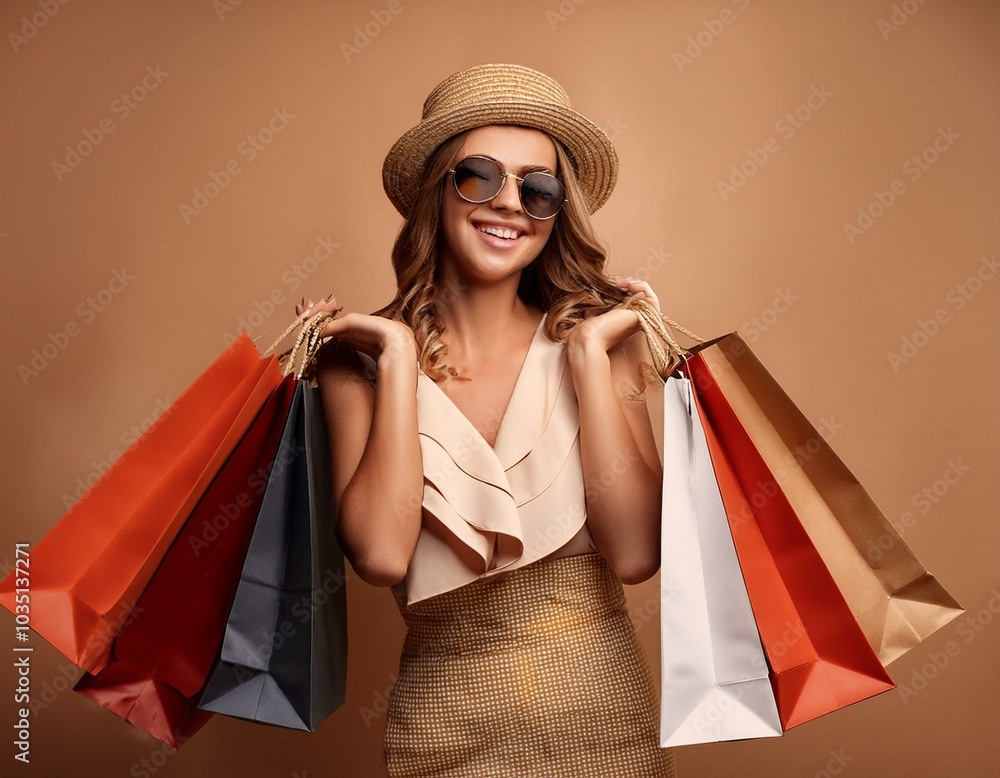 Wall mural Smiling young woman wearing dress, hat and sunglasses holding shopping bags on white background.