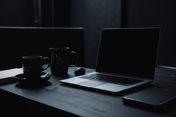 Fototapeta premium Black workspace with black laptop on black table