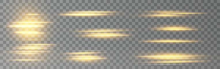 Gold horizontal lens flares pack. Laser beams, horizontal light rays. Beautiful light flares. Glowing streaks on light background. Collection effect light gold line png.	