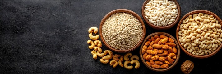 Assortment of Nuts and Seeds in Bowls on Black Background