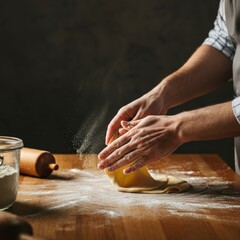A close-up of hands making fresh pasta from scratch on a wooden counter