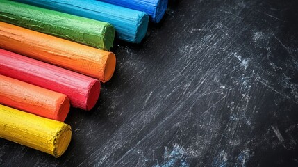 Colorful Crayons on Black Chalkboard Background with Copy Space