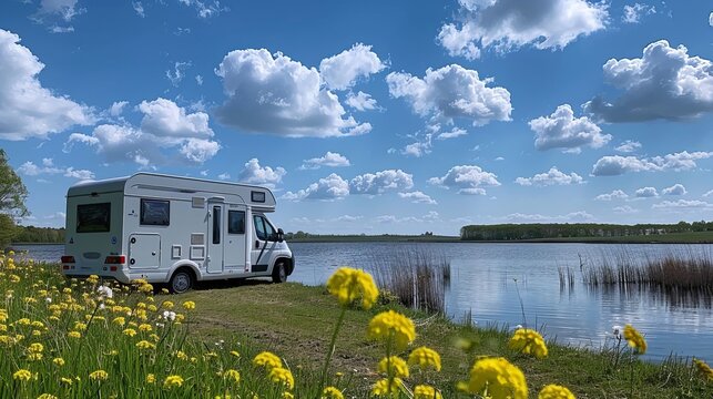RV Camper Van Parked by Lake with Blue Sky and Clouds