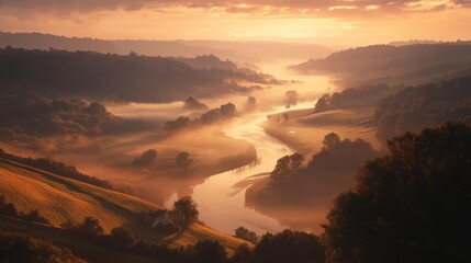 Obraz premium Serene River Valley Dawn with Mist and a Small House