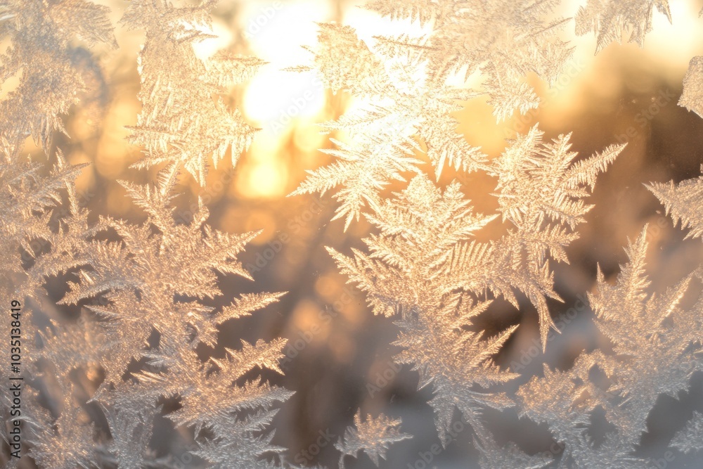 Poster Frost-covered window with intricate patterns reflecting the warm glow of the setting sun on a winter evening