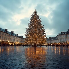 Obraz premium Illuminated Christmas Tree in European Town Square with Wet Cobblestone Pavement