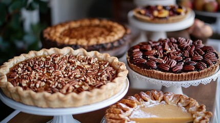 A variety of delicious pies displayed on elegant stands.