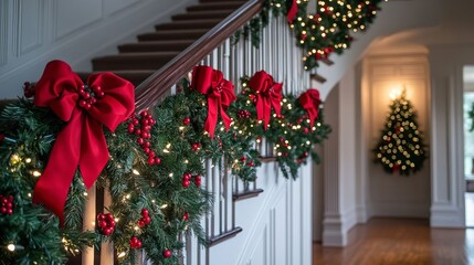 Naklejka premium Festive Christmas Garland and Bow Decorations on Staircase with Blurred Christmas Tree in