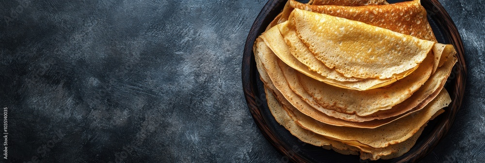 Poster a delicious stack of golden crepes is presented on a dark plate, ideal for various toppings or filli