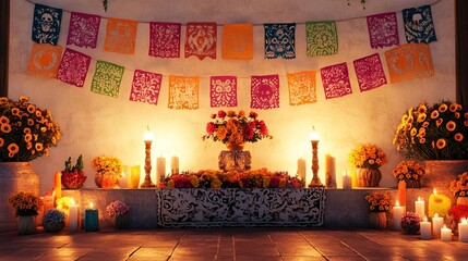 Day of the Dead Altar with Candles Flowers and Paper Decorations